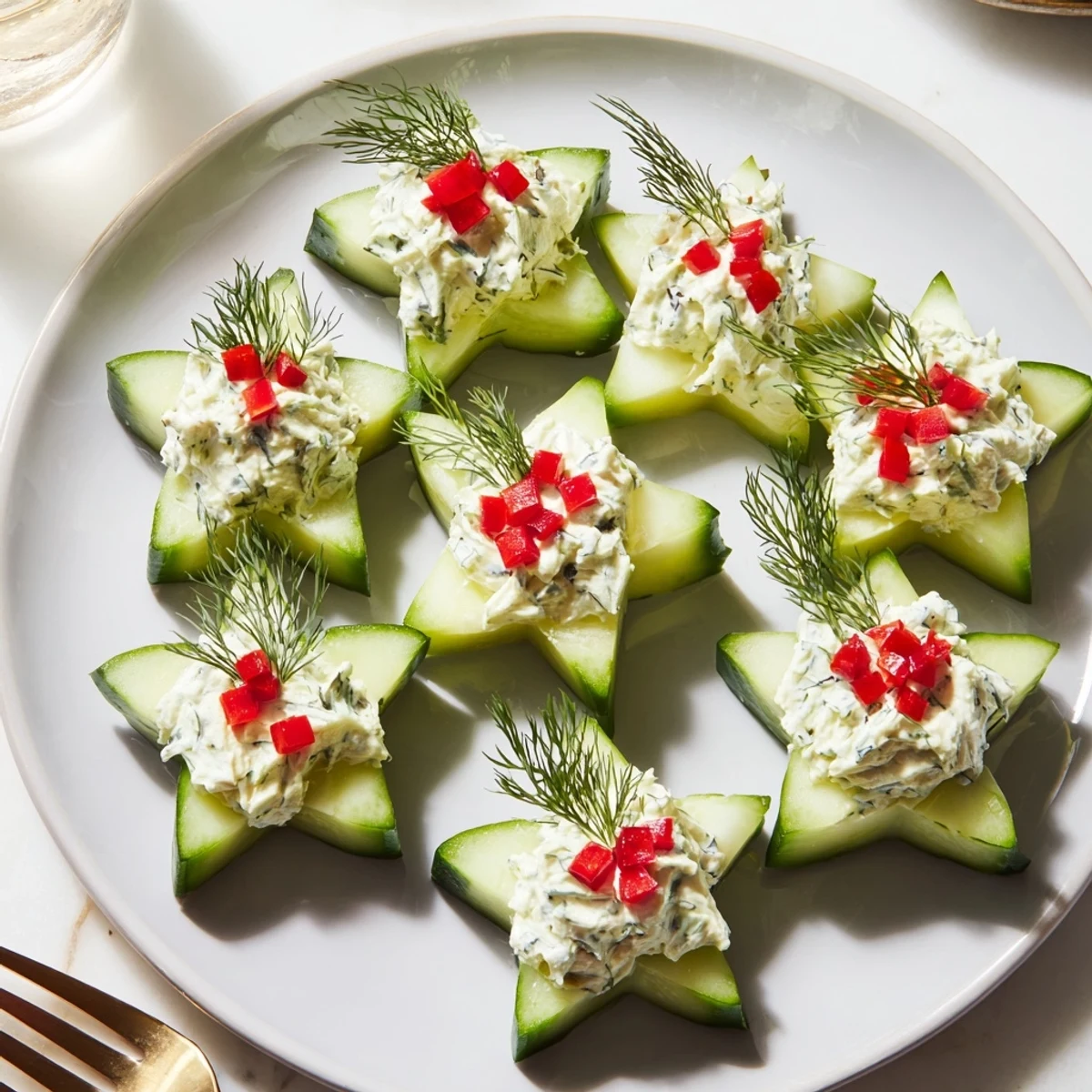 Bright Cucumber and Dill Christmas Stars appetizer, showcasing creamy cheese stars on a platter, ready to serve.