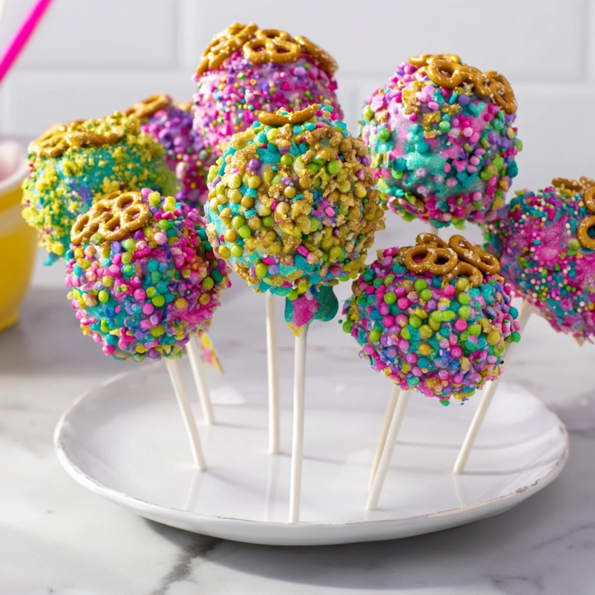 Festive Ornament Ball Cake Pops arranged on a decorative stand, perfect for a holiday party dessert.
