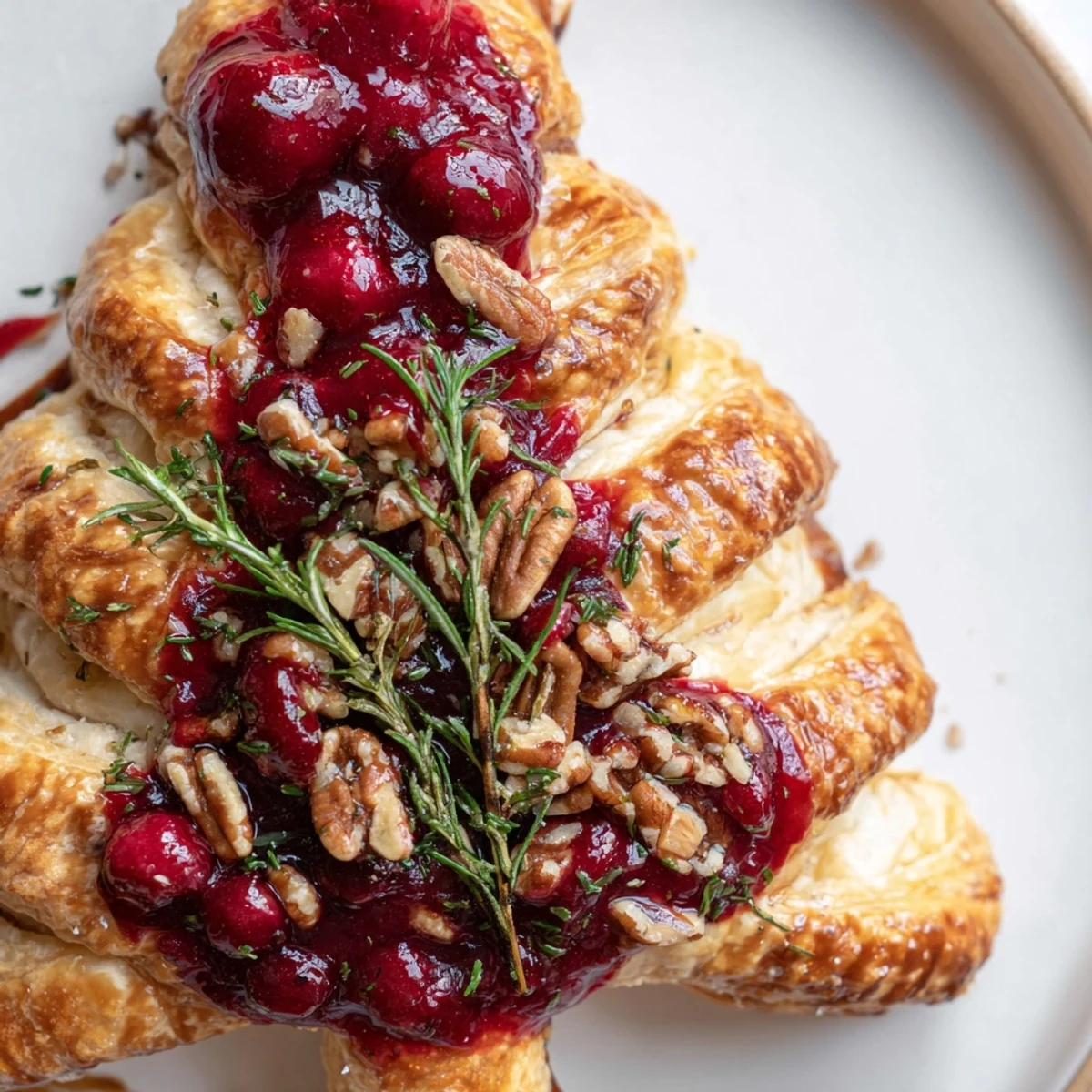 Warm Brie en Croûte Pine Tree, a holiday appetizer with flaky pastry adorned with rosemary, ready to serve.