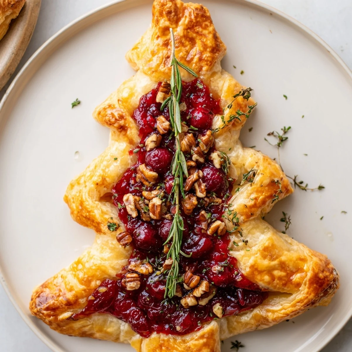 Golden-brown Brie en Croûte Pine Tree, its pastry crust crisp, hiding melted cheese and sweet cranberry filling.