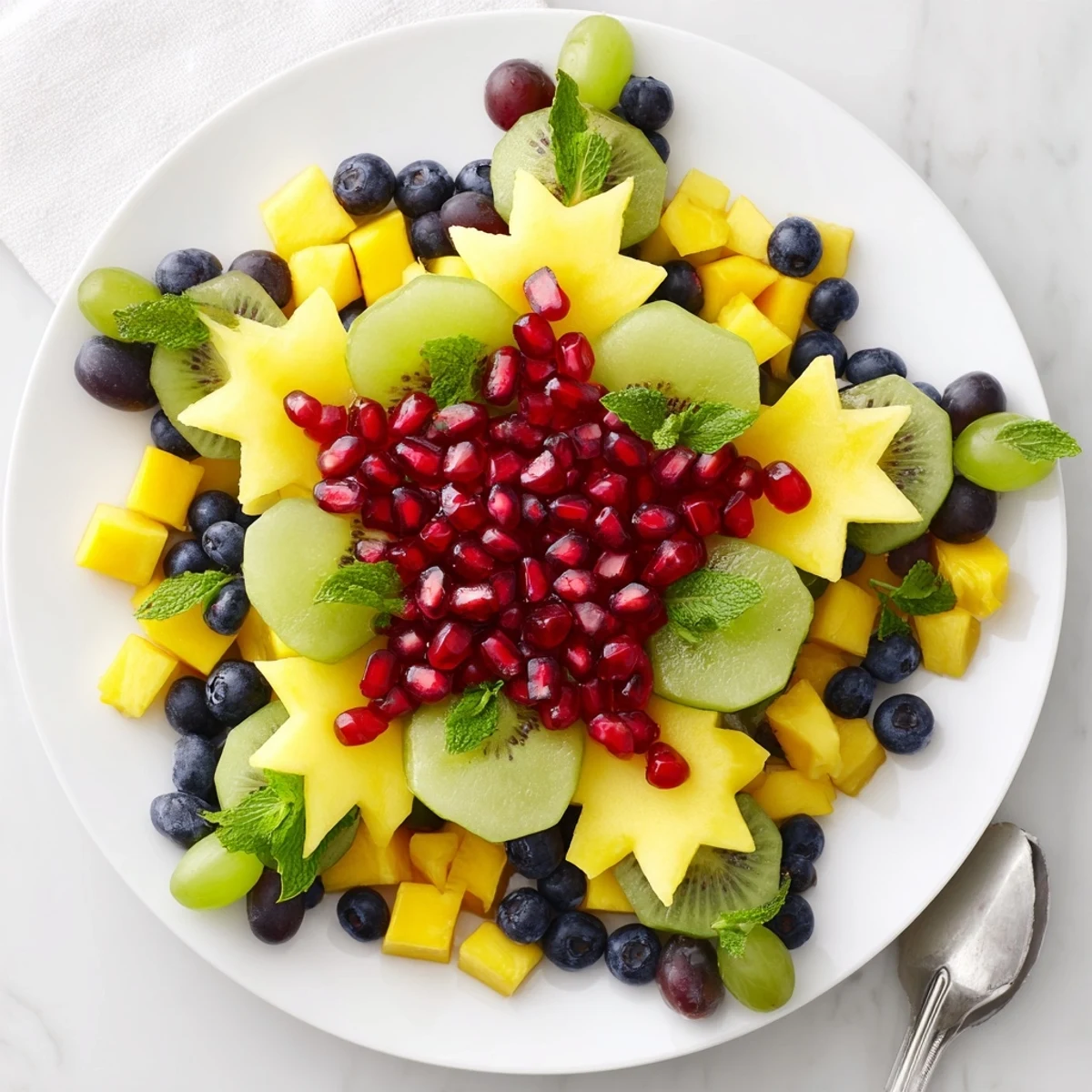 Bright red pomegranate seeds and fresh mint decorate this refreshing Pomegranate and Mint Star Fruit Platter.