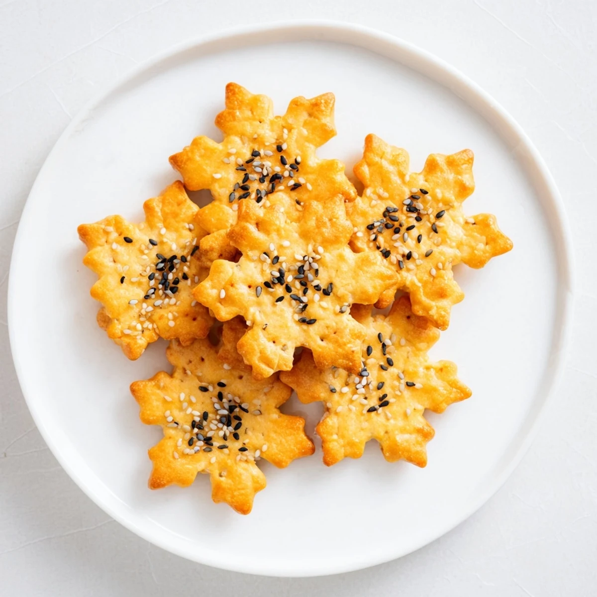Snowflake-shaped gourmet crackers arranged beautifully on a serving board with various cheeses ready to enjoy.