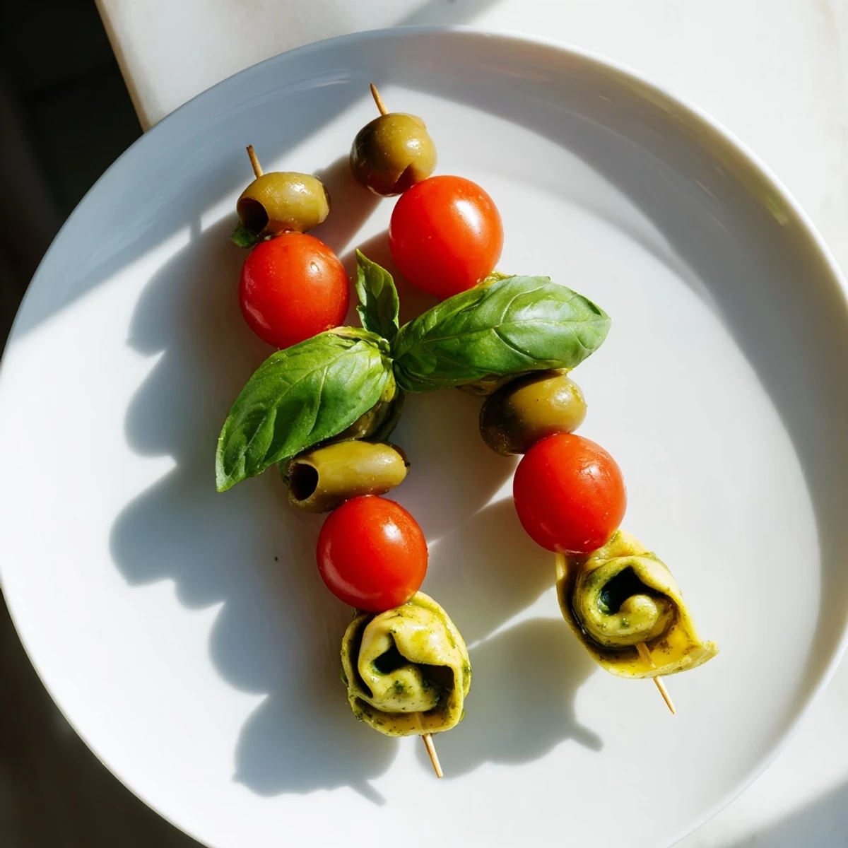 Appetizer Skewers: colorful tortellini, juicy cherry tomatoes, olives, and pesto make a delicious bite.