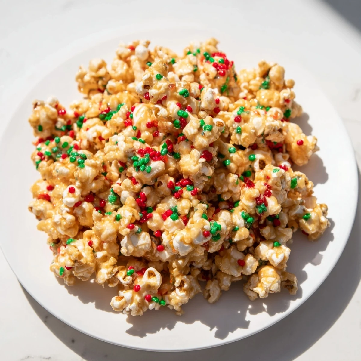 A close-up of festive Popcorn Piles shows vibrant red and green sprinkles atop the sugary treat.