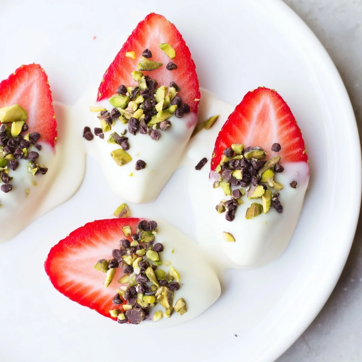 Yogurt dipped strawberry half-circles, glistening with creamy yogurt, perfect for a refreshing, healthy dessert.