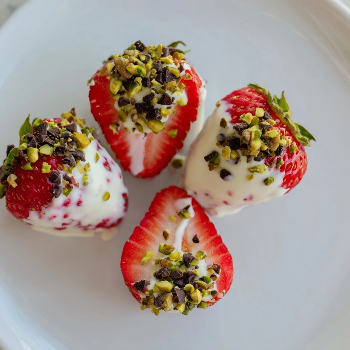 Fresh, half-circle yogurt dipped strawberries, chilled and ready; a simple and delicious frozen treat.