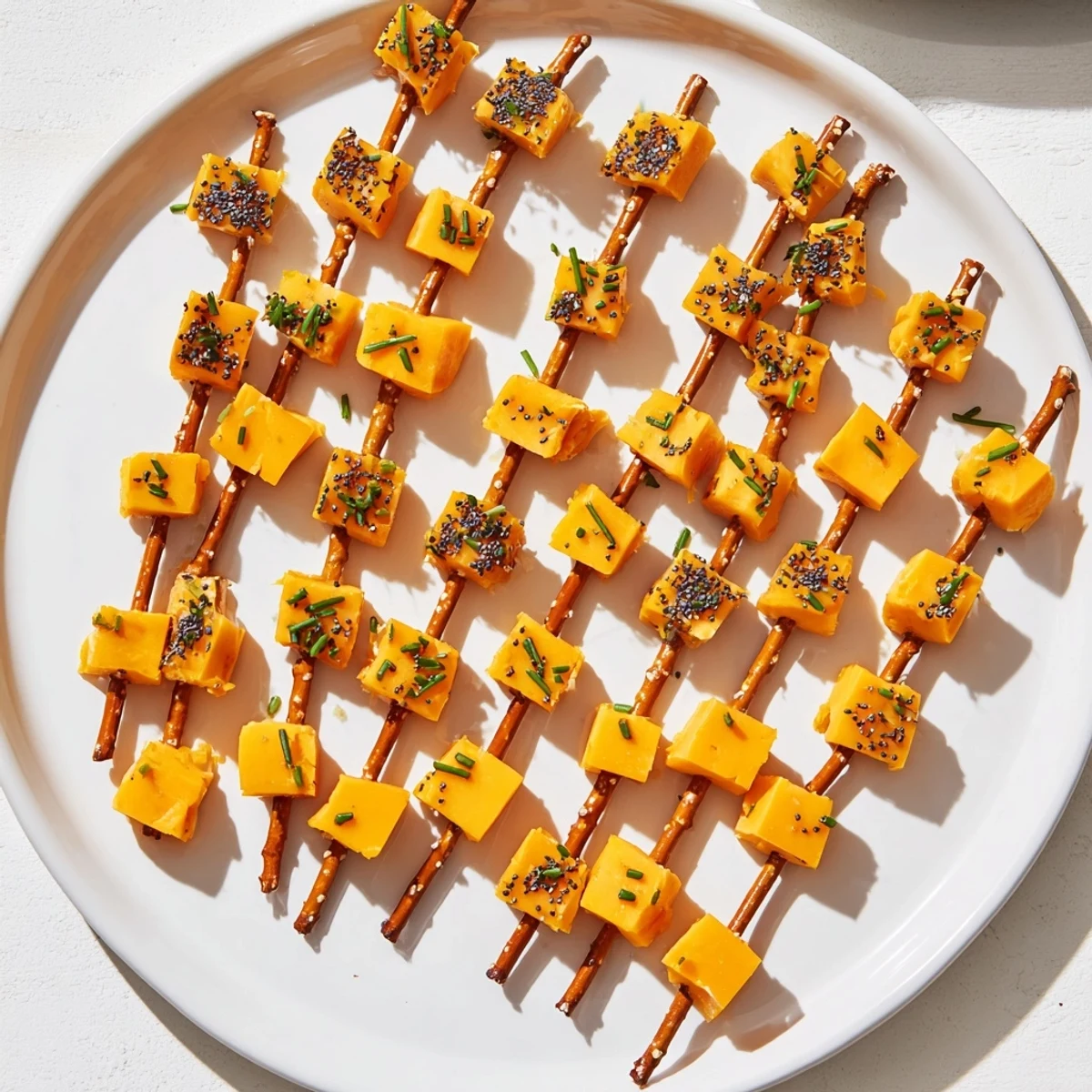 Sharp cheddar cheese cubes on pretzel sticks: a simple yet delicious NYE cheese sparkler appetizer.