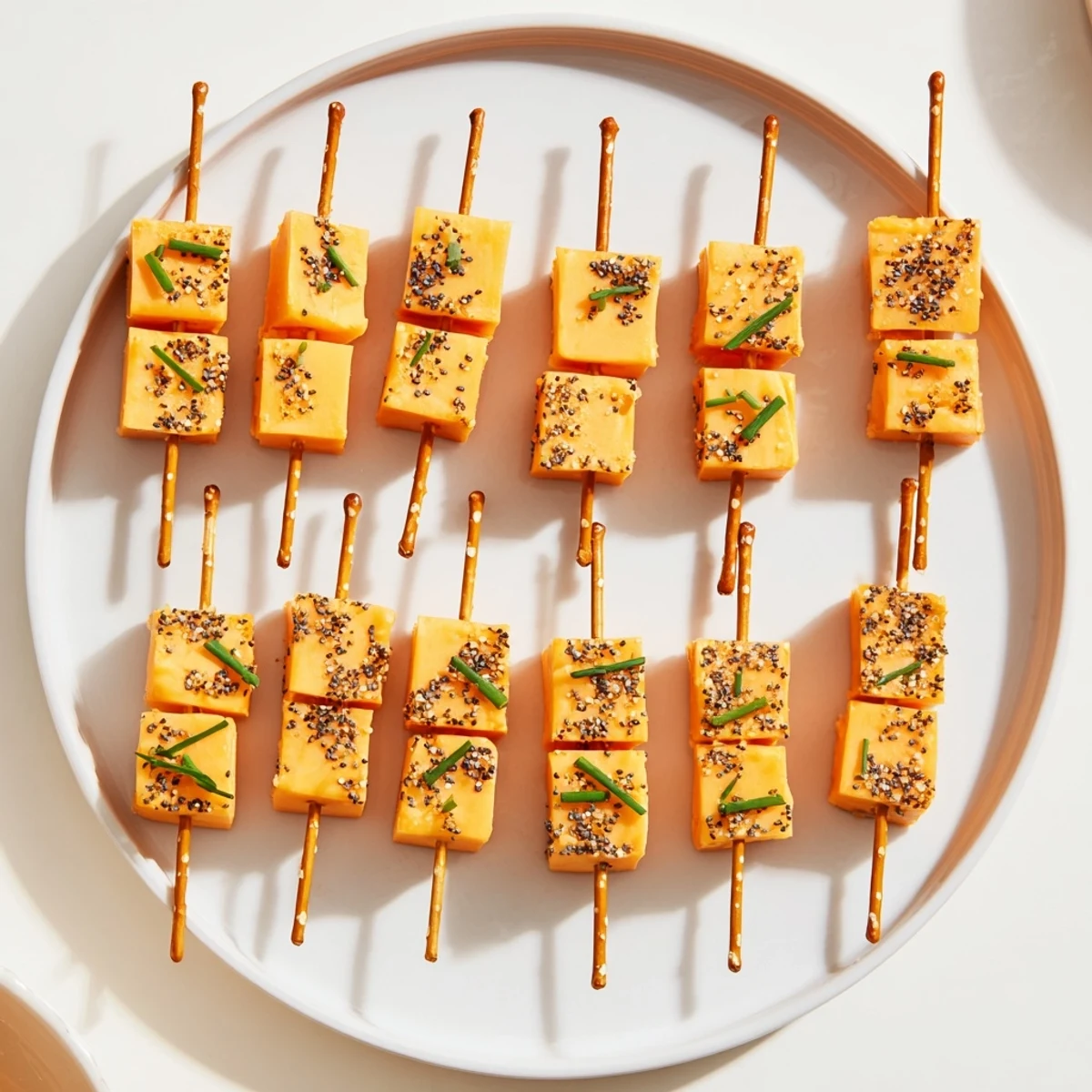 Party-ready: bite-sized Cheddar Cubes and pretzel stick sparklers, perfect for a New Year's Eve celebration.