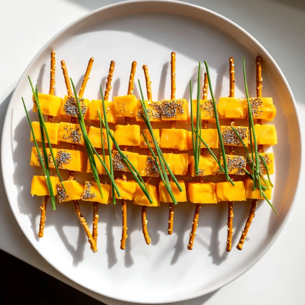 Freshly assembled NYE cheese sparklers with vibrant cheddar cheese and crunchy pretzel sticks.