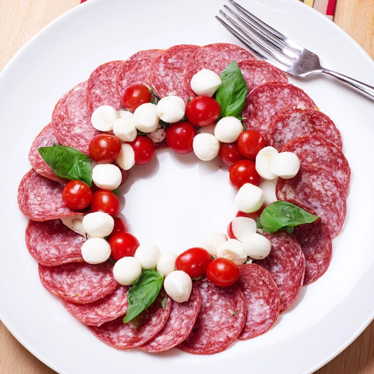 Freshly assembled Folded Salami Wreath, a quick and delicious appetizer, awaiting cracker pairings.