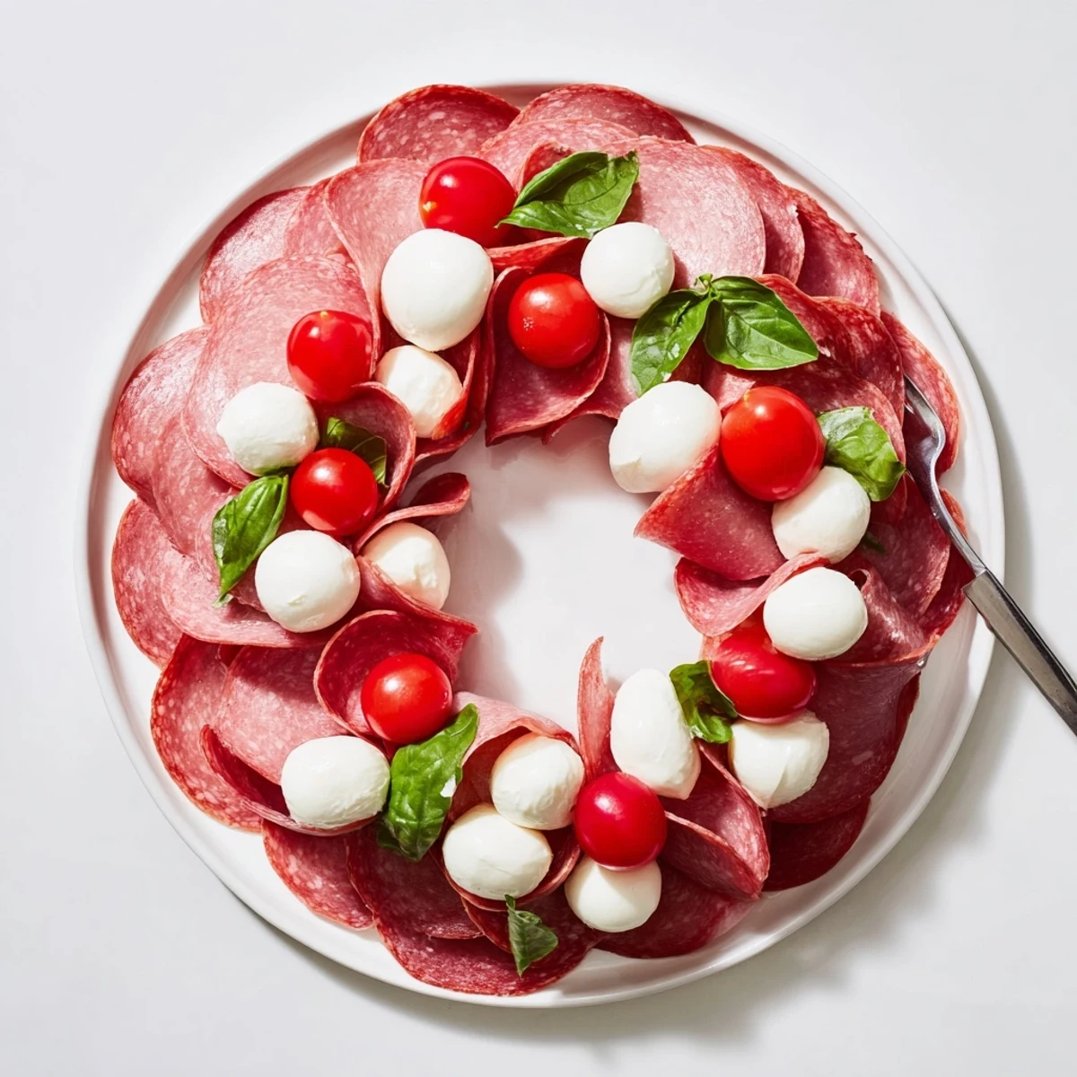 Folded Salami Wreath beautifully arranged on a platter, ready to serve as a tasty appetizer.