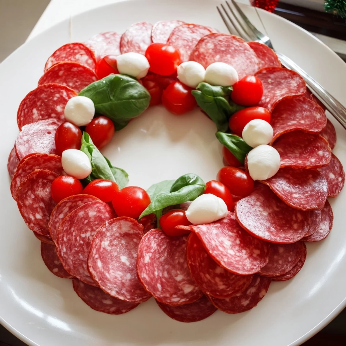 A vibrant Folded Salami Wreath, brimming with mozzarella and tomatoes, looks perfect for sharing.