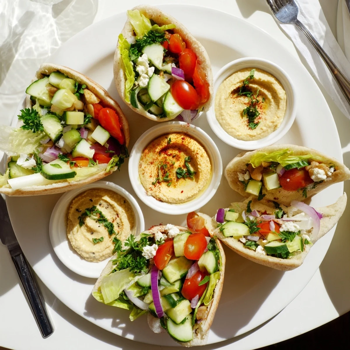 Savory Board: Mini Pita Pockets & hummus bowls with colorful fresh veggies, ready to enjoy.