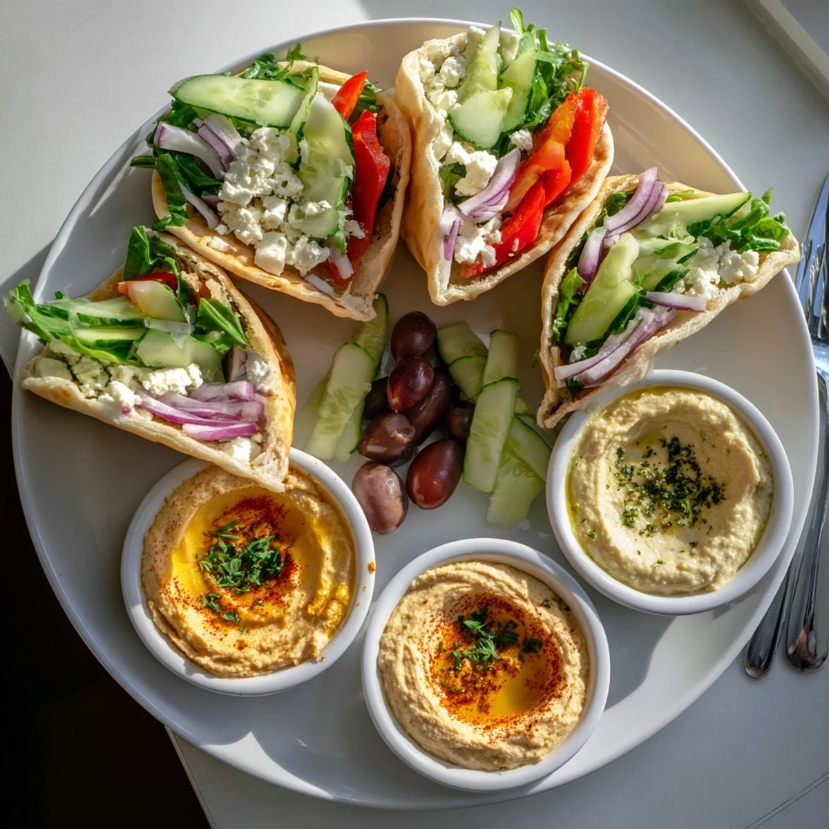 Delectable Mediterranean feast: warm mini pita pockets with varied hummus, perfect for a gathering.