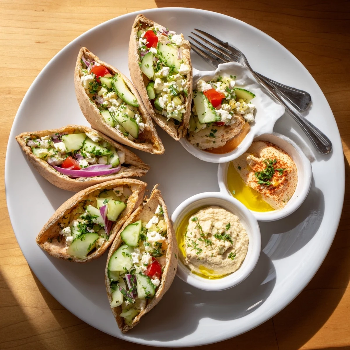 Vibrant image of a Savory Board featuring mini pita pockets, vegetable toppings, and hummus.