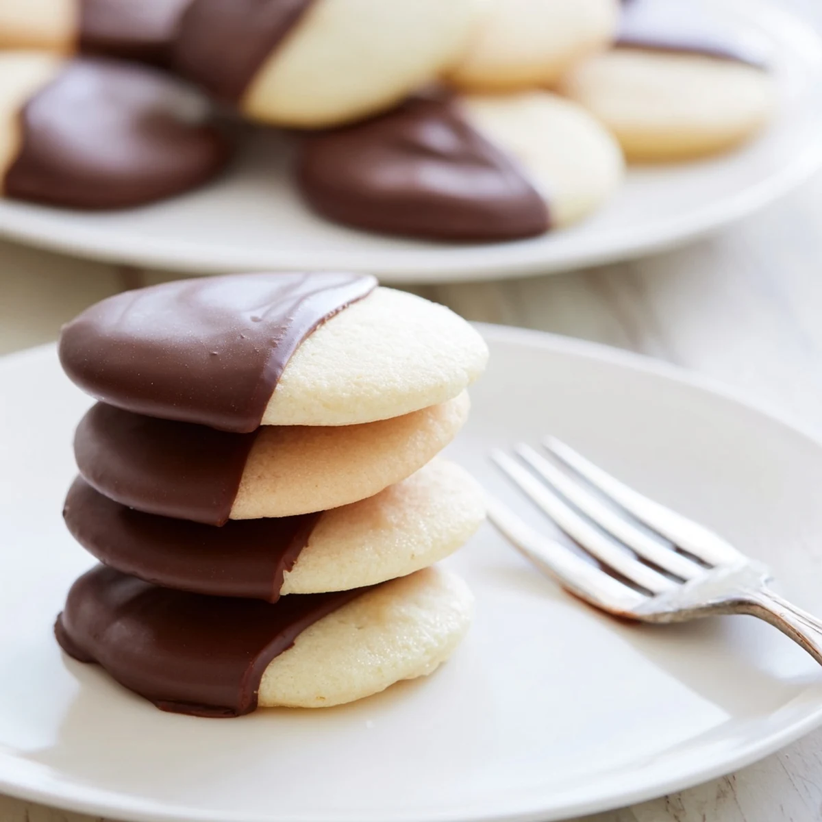 Golden-baked Simple Cookies: Vanilla Wafers, half-dipped in glistening, decadent dark chocolate.