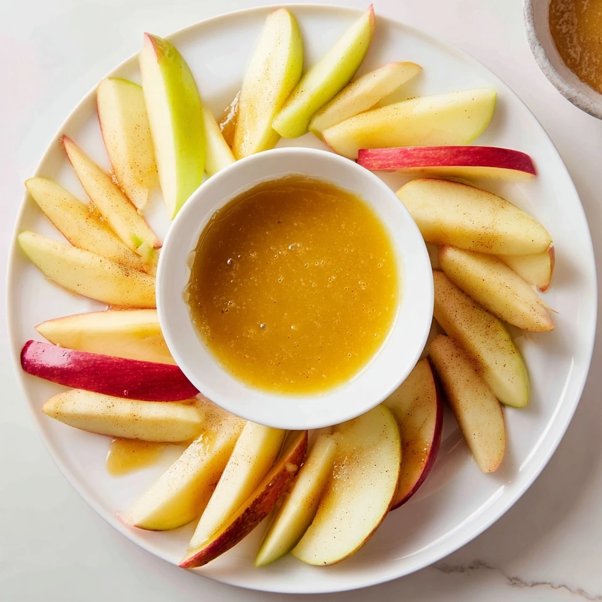 Fresh, crisp apple slices for dipping in a golden homemade caramel dip, a perfect snack.