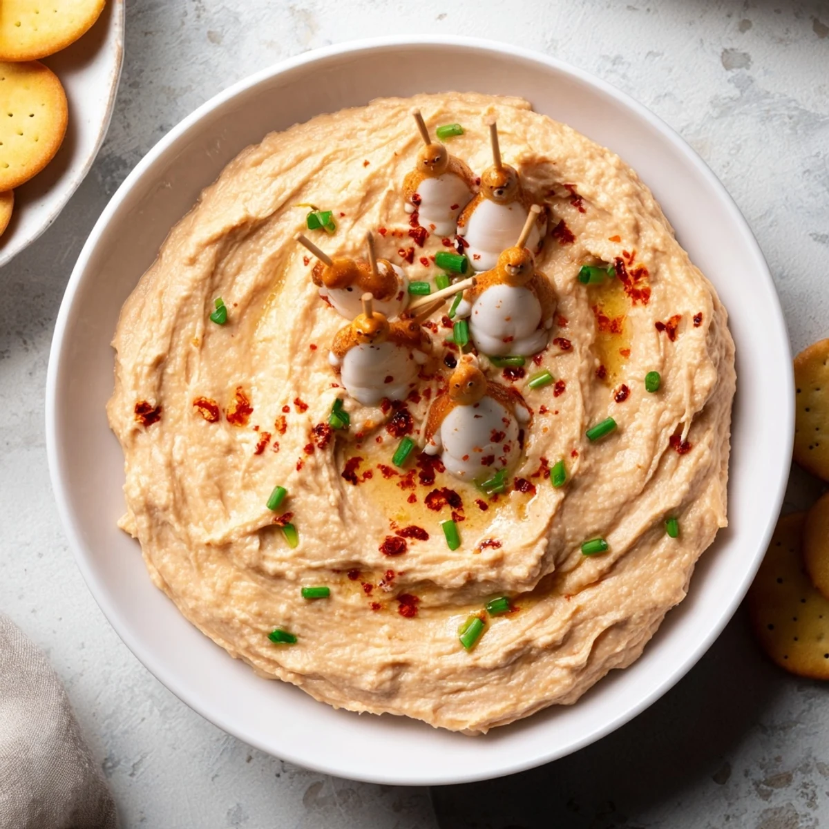 A festive serving of Winter Dip, creamy white bean dip topped with cute olive penguins.