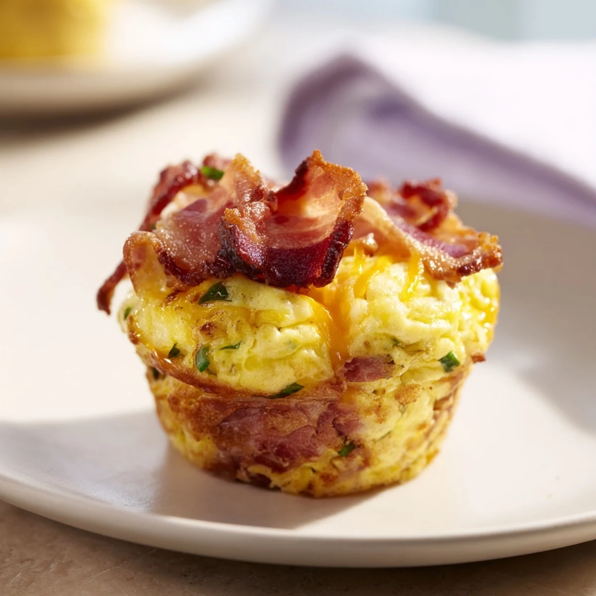 Golden-brown Scrambled Egg Cups with savory bacon garnish, ready for a delicious brunch.