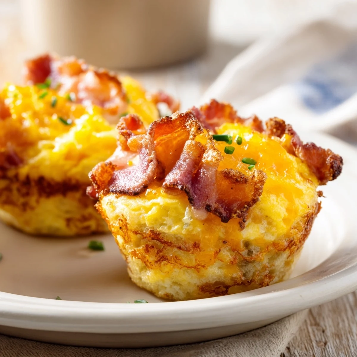 Warm, cheesy Scrambled Egg Cups adorned with bacon, offering a delightful bite in every serving.