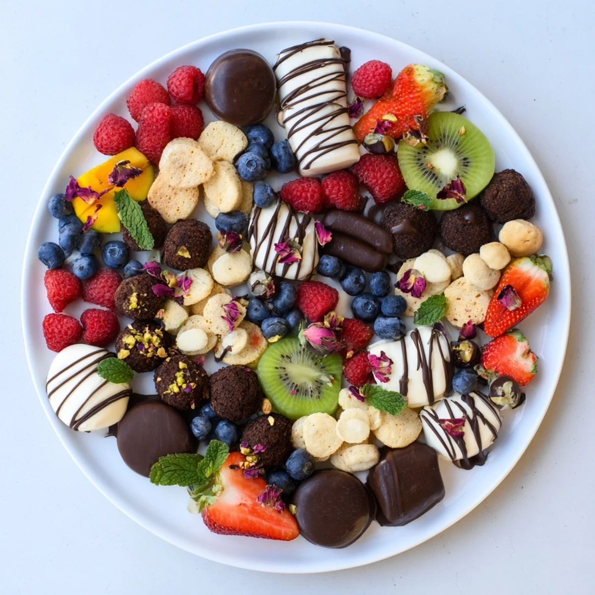 A luscious The Sweet Dessert Decadence platter: fresh fruits, chocolates, and expertly drizzled melted chocolate.