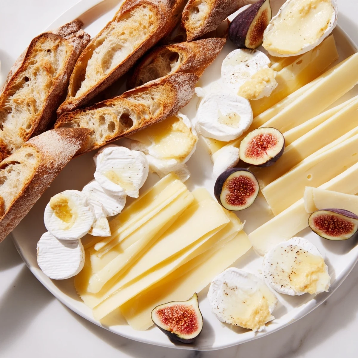 This French Bistro Elegance features creamy cheeses, fresh figs, and crusty baguettes ready to be enjoyed.