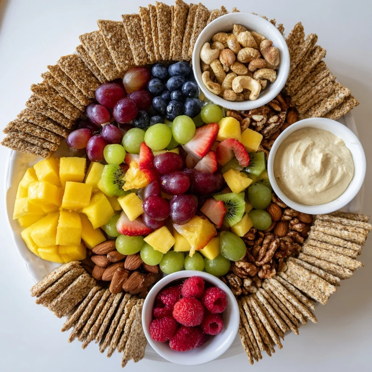 Vibrant Hidden Oasis appetizer: crackers, fruits, creamy dips arranged for sharing and visual delight.