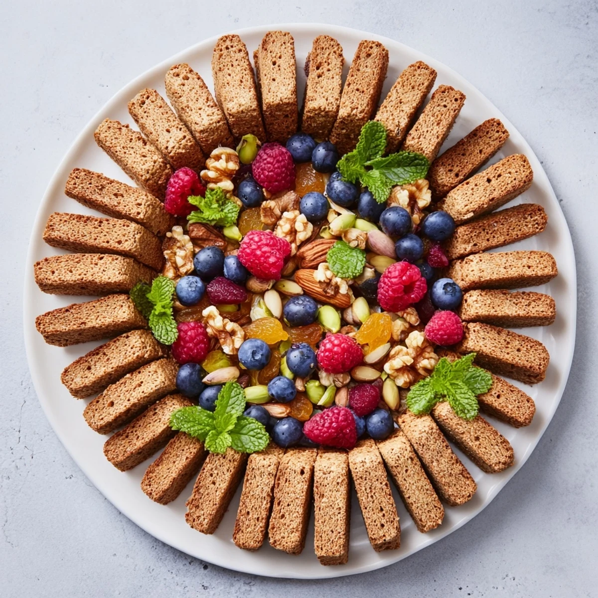 A visual of The Picket Fence appetizer: crispy crackers circle a colorful mix of nuts and berries.