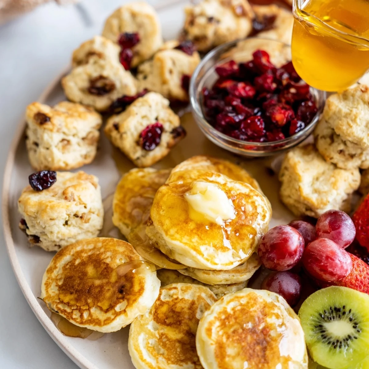 Breakfast Brunch Board Bliss: imagine this platter with golden pancakes, scones, and fresh fruit for brunch.