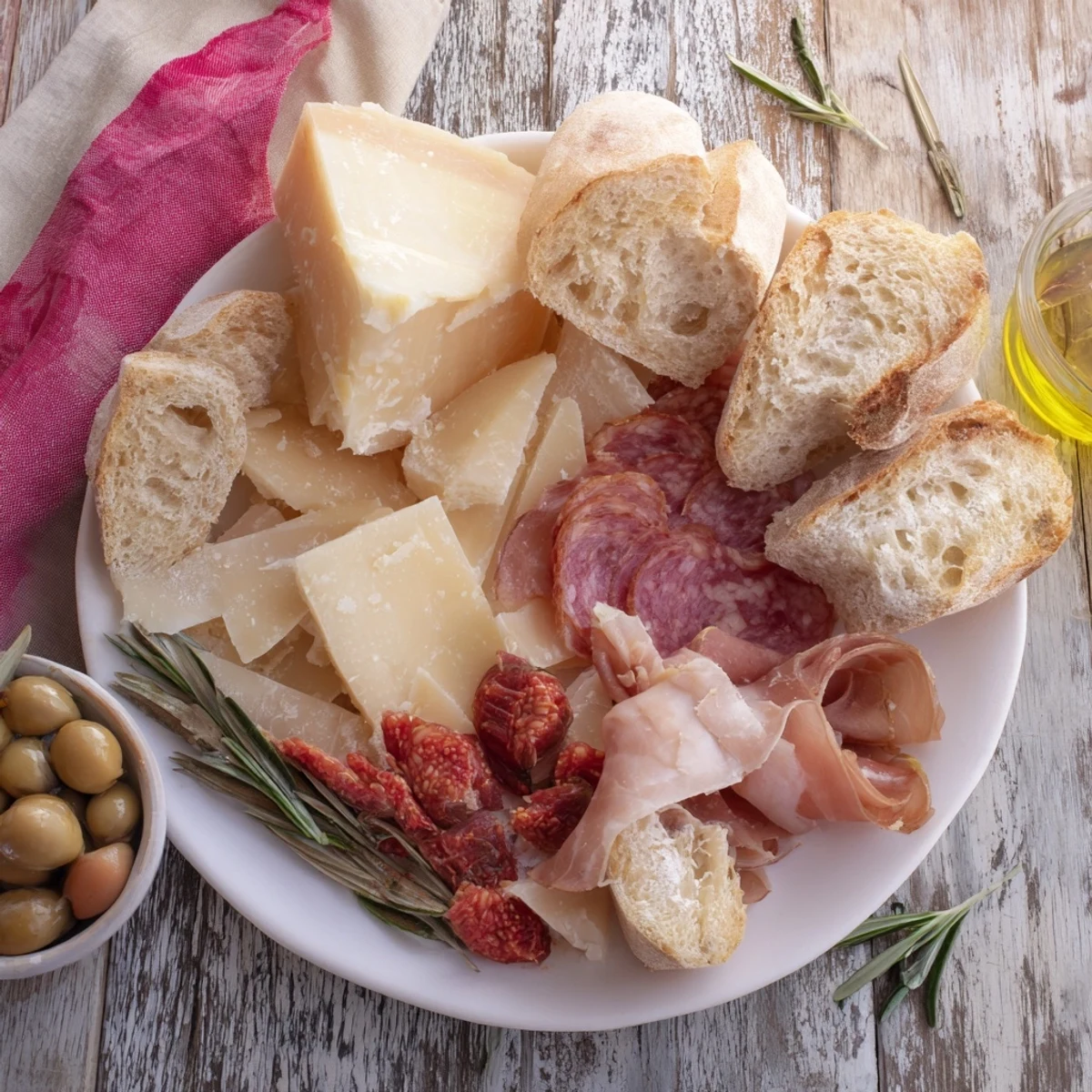 Rustic Italian Farmhouse Board: a mouthwatering, overflowing platter of Italian cheeses, meats, olives, and bread.