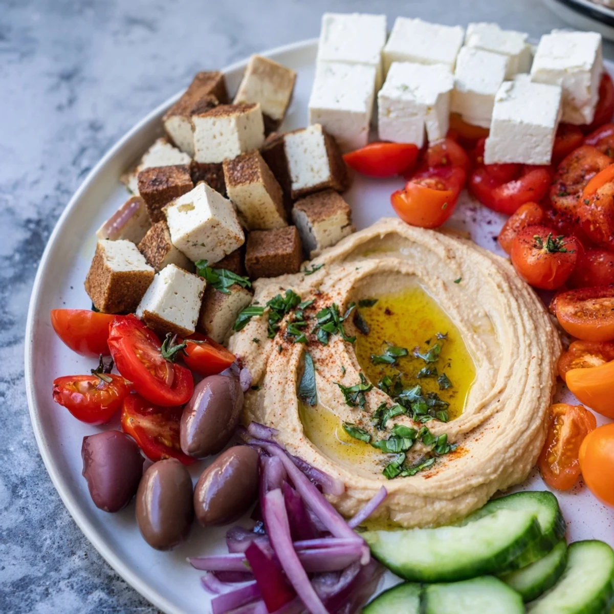 A colorful Mediterranean Mezza Platter with creamy dips, fresh veggies, and pita bread.
