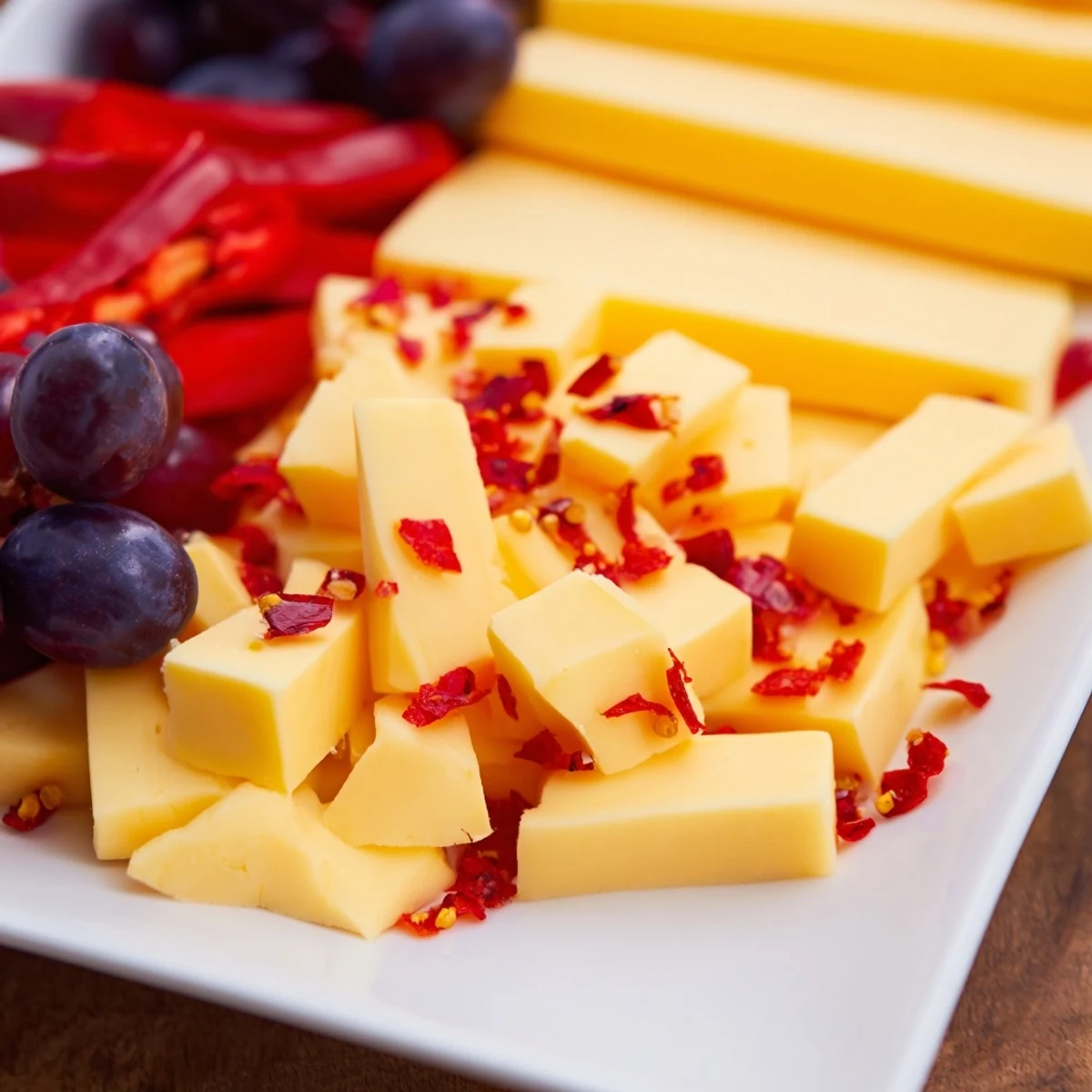 This colorful Bauhaus Block appetizer presents delicious cheese and bell pepper blocks with grapes, a visually striking treat.