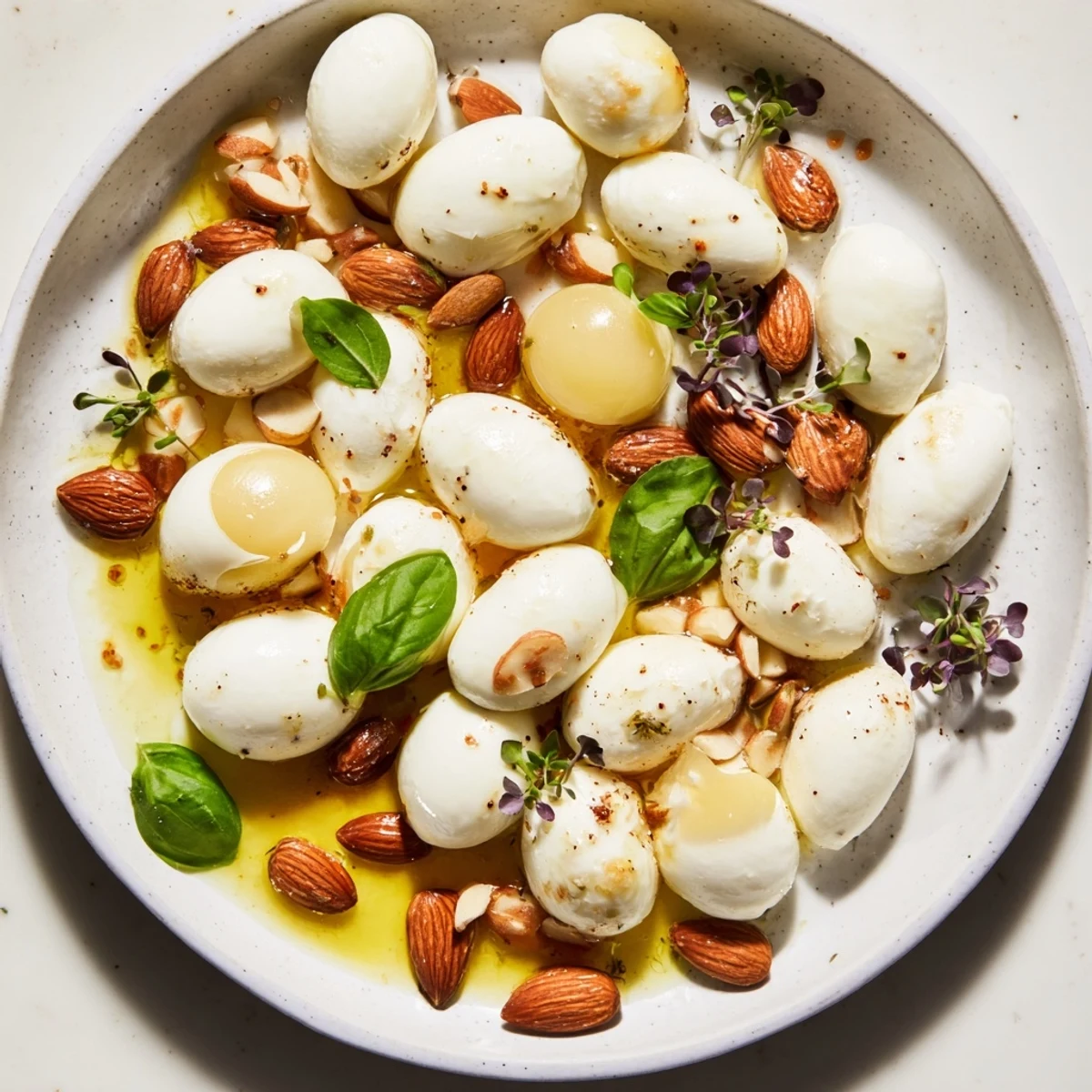 The Polished Pebble appetizer, with creamy cheeses, roasted almonds, and basil leaves, looks exquisitely appealing.