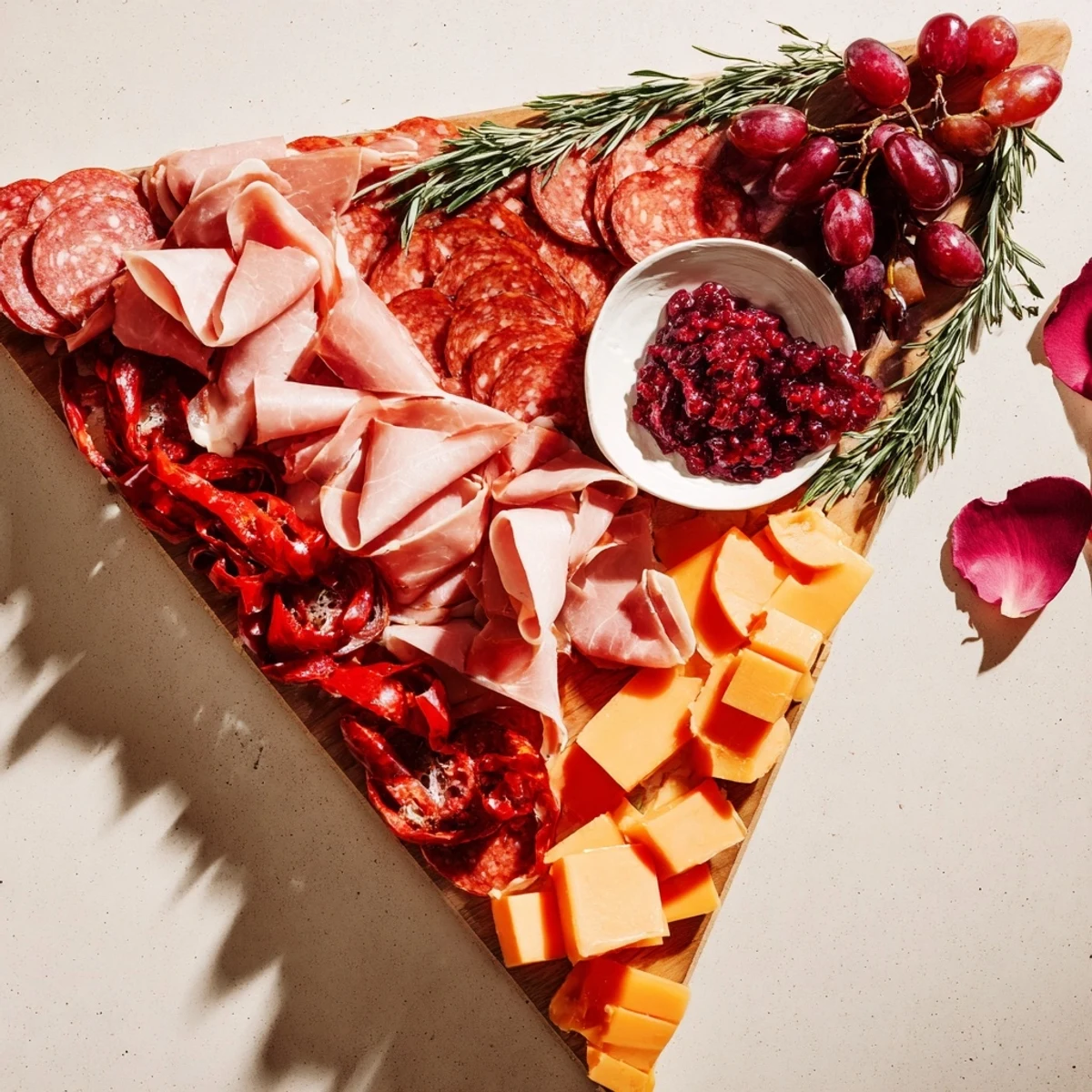 The Crimson Crest charcuterie board, overflowing with rich red meats and wine-infused cheeses.