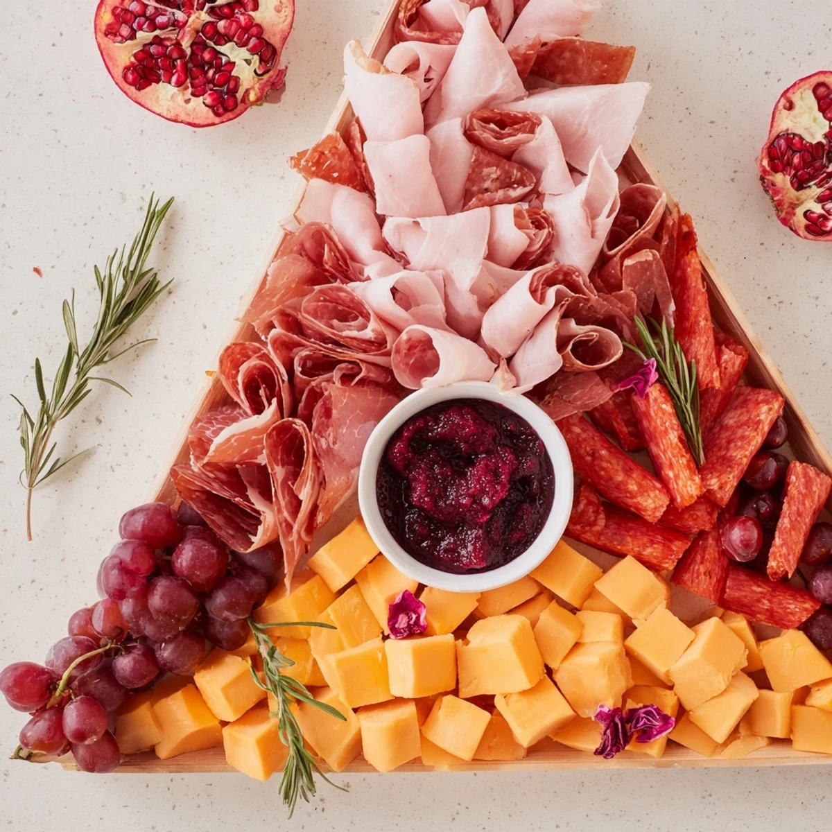 Elegant arrangement: Sliced cheeses, meats, and vibrant garnishes compose this Crimson Crest board.