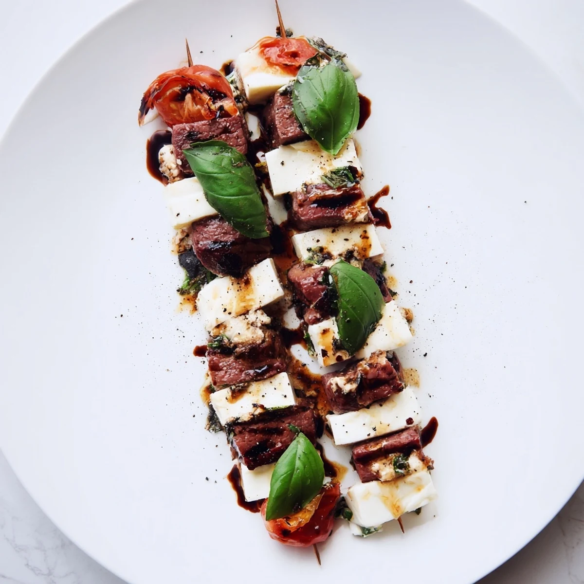 Tempting Safari Stripes appetizer: alternating layers of cheese and seared beef, drizzled with balsamic glaze.