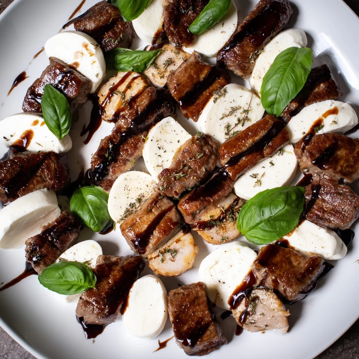 Beautifully arranged Safari Stripes platter with glistening balsamic glaze, fresh basil garnish, and savory meats.