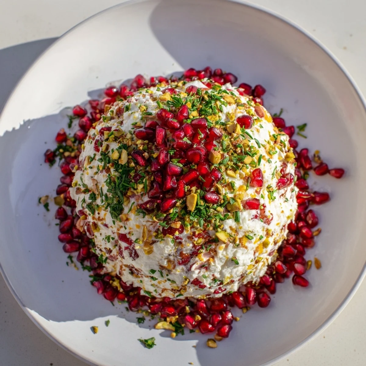 Festive Royal Orb cheese ball, coated in pistachios and pomegranate seeds, perfect for a holiday party appetizer.