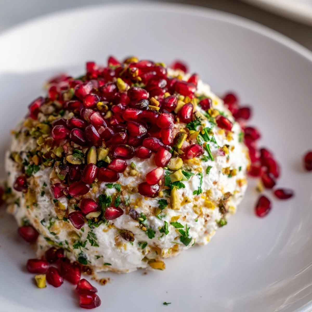 Elegant Royal Orb cheese ball, glistening with pomegranate jewels, a stunning appetizer ready to serve.