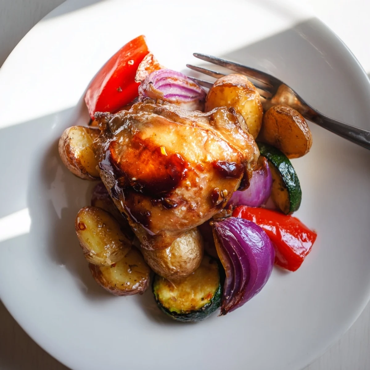 Sheet pan of Black Garlic and Balsamic Chicken, showcasing roasted chicken and colorful, tender vegetables.