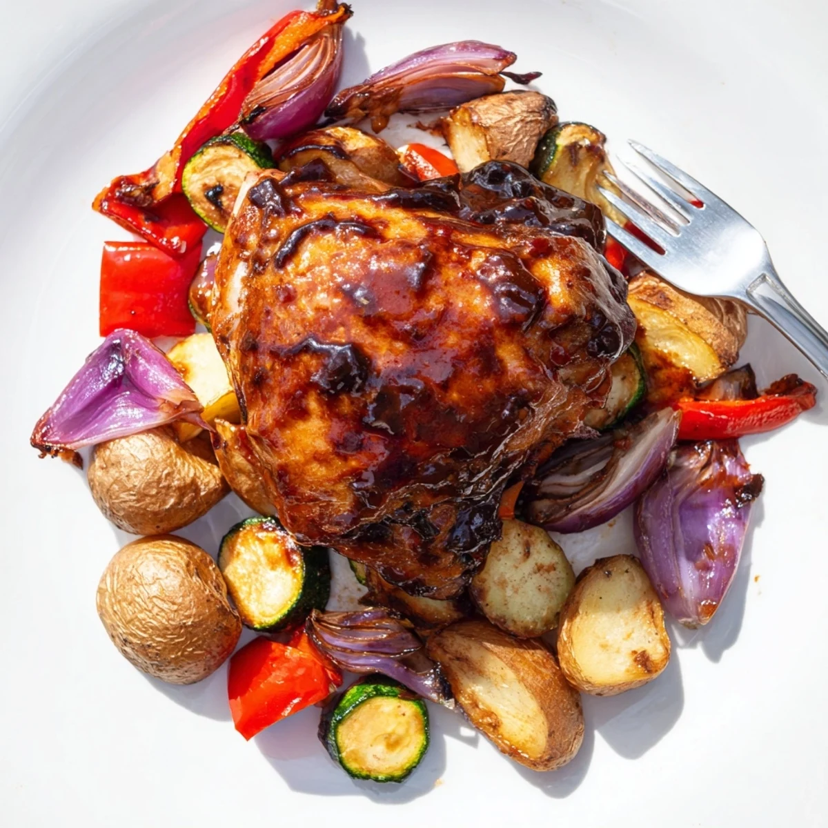 Golden-brown Black Garlic and Balsamic Chicken, served with a vibrant medley of roasted bell peppers and potatoes.