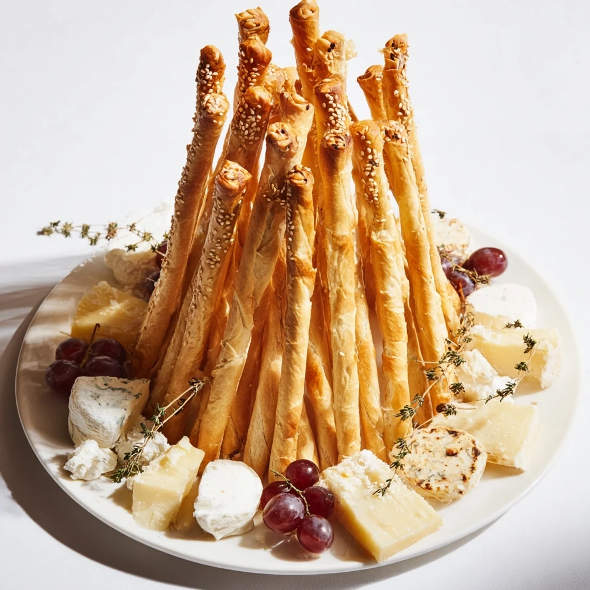 The Gilded Cage: Homemade breadsticks intricately woven around a delicious cheese selection.