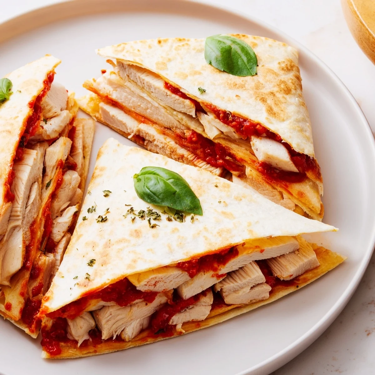 Golden, toasty tortilla pizza wrap with chicken, overflowing with melted mozzarella and seasoned chicken.