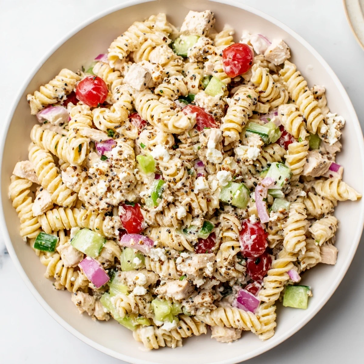 Everything Bagel Chicken Pasta Salad, a creamy, savory cold dish with colorful veggies.
