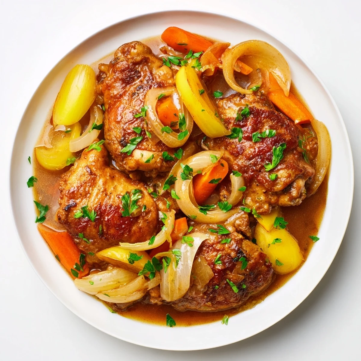 Georgia Pot Roast Chicken: Tender chicken thighs braised with sweet onions in a savory, rich gravy.