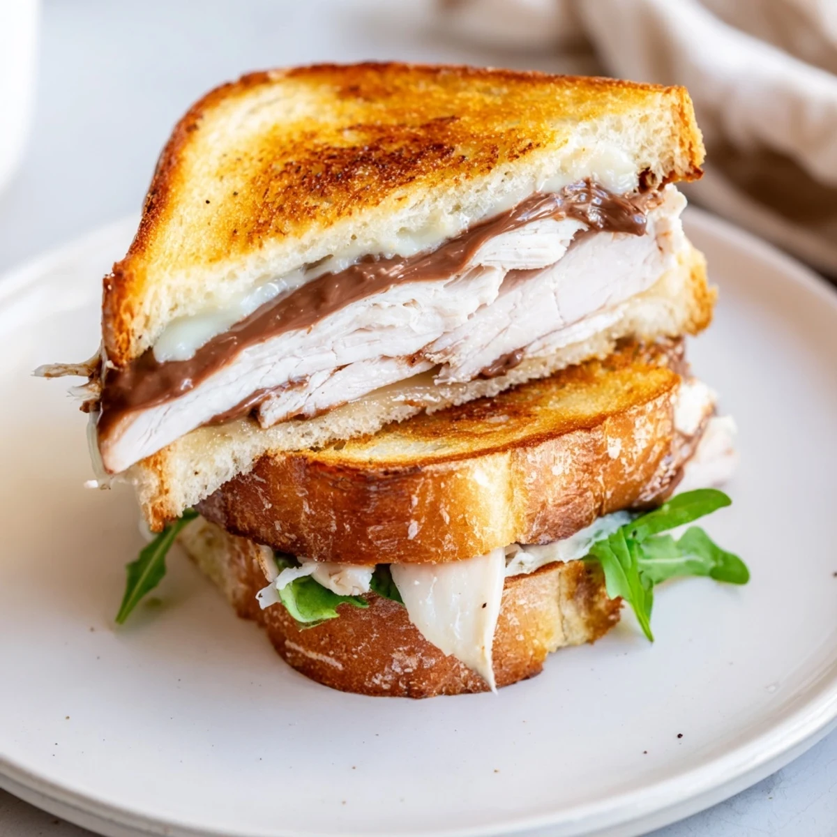 Golden-brown Nutella grilled cheese with chicken, a melty, savory delight ready to savor.