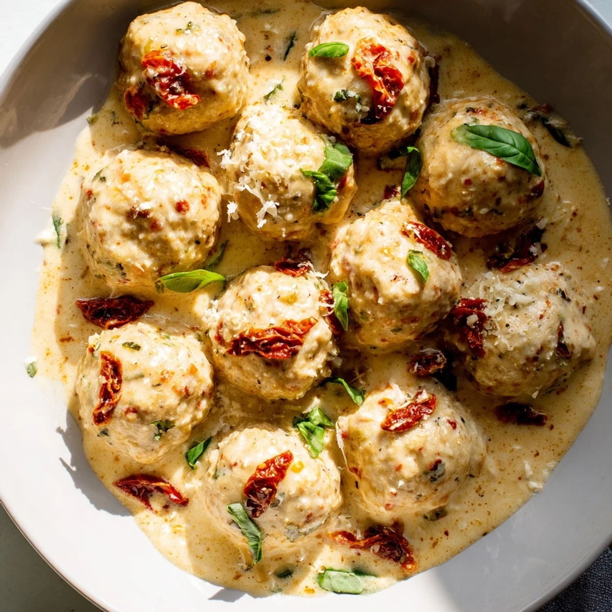 Marry Me Chicken Meatballs, swimming in a creamy sun-dried tomato sauce, ready to be devoured.