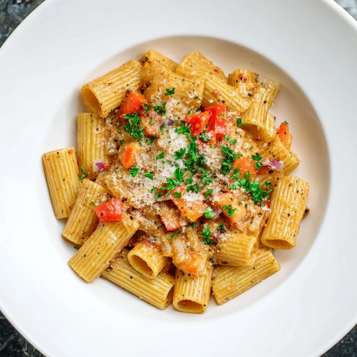 Garnished one-pot Diavola spicy pasta with parsley and Parmesan, offering a warm, inviting Italian dinner.
