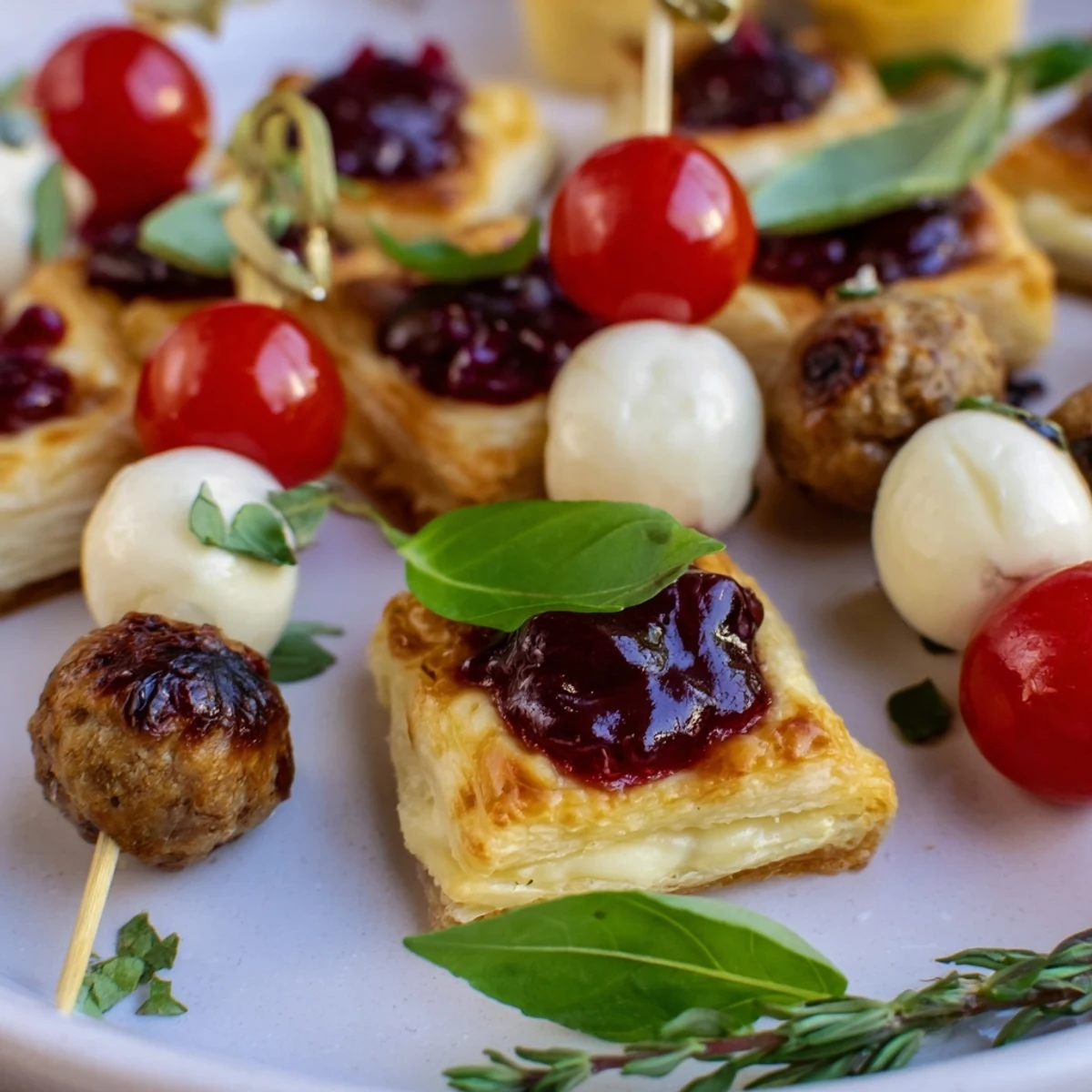 Joy to the World Festive Appetizer Trio, a beautiful spread of cranberry brie bites, caprese skewers, and meatballs.