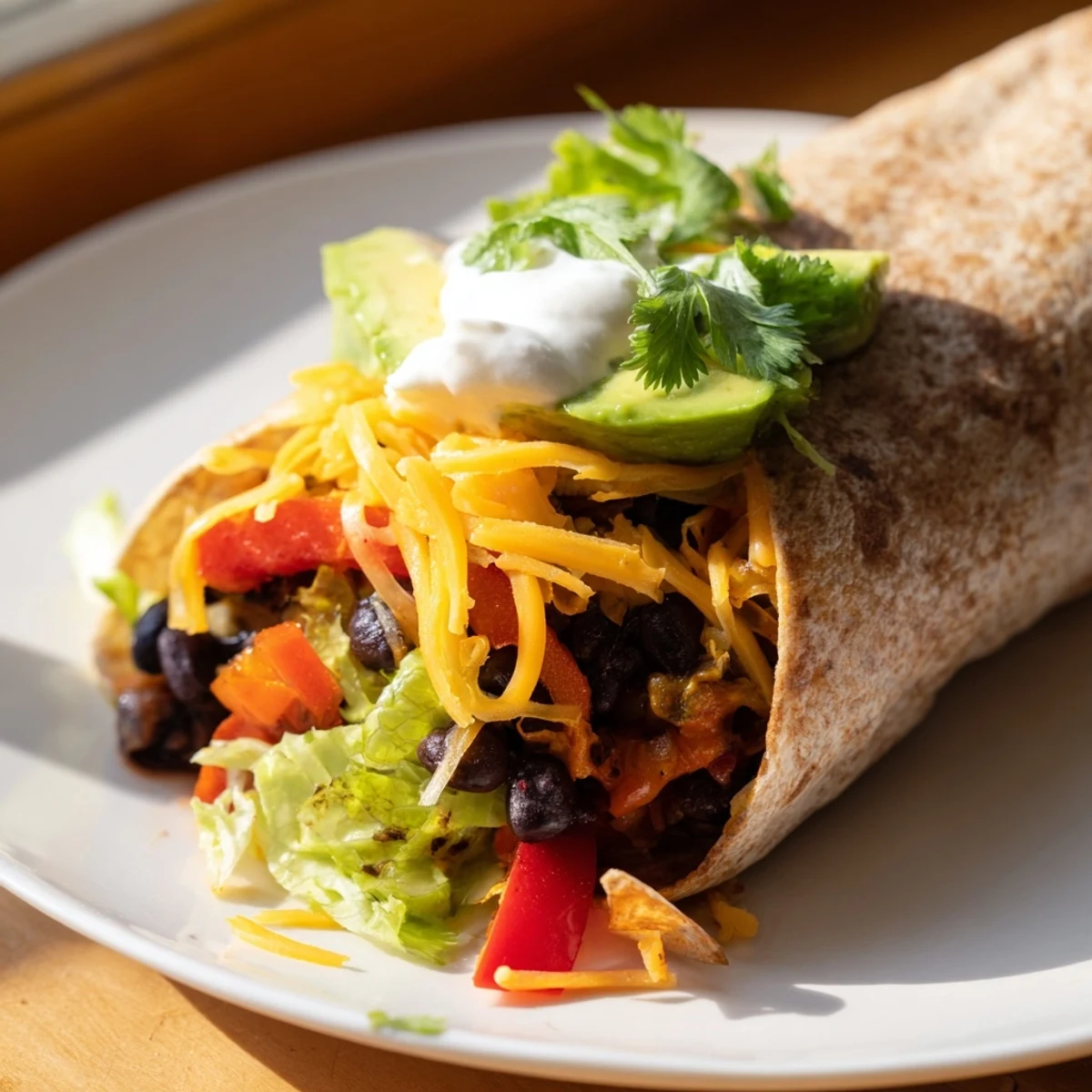 Steaming Smoky Black Bean Burrito, overflowing with vegetables and cheese, ready to eat.
